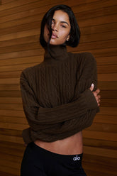 Cable Knit Cropped Winter Bliss Turtleneck Long Sleeve - Espresso