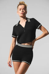 Tennis Club Sweater Knit Cropped Polo - Black/Ivory