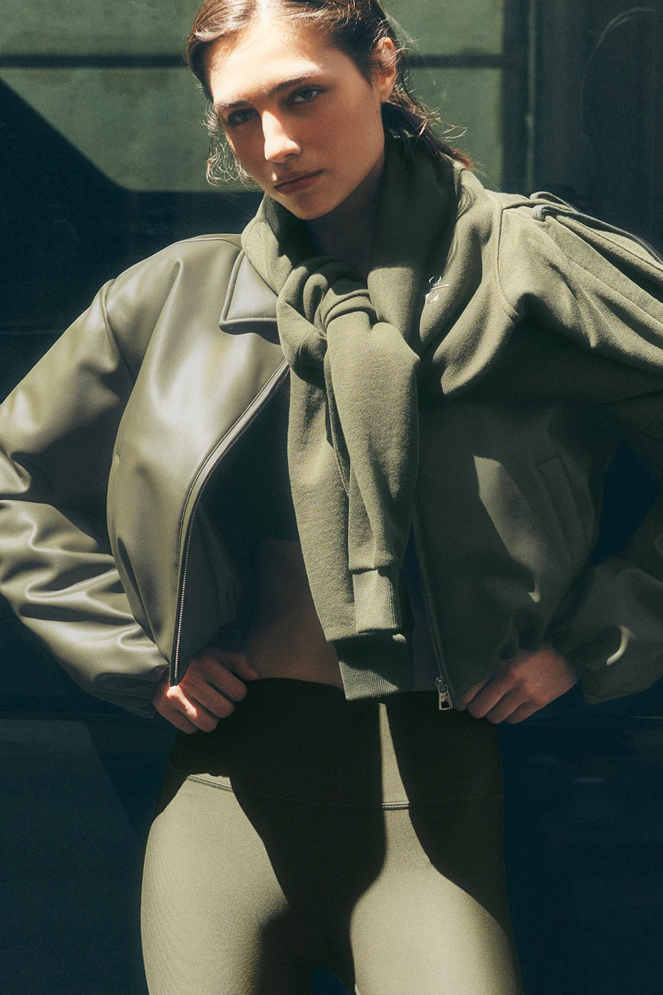 Faux Leather Cropped Premier Bomber - Green Olive