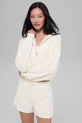 Cashmere Plush Waffle Full Zip Hoodie - Ivory