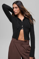 Wool Cashmere Ribbed Noble Full Zip Hoodie - Black