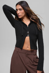 Wool Cashmere Ribbed Noble Full Zip Hoodie - Black