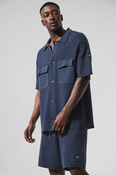 Sports Club Sweater Knit Short Sleeve Button Up - Navy