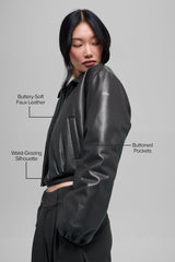 Faux Leather Cropped Premier Bomber - Black