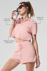 Cashmere Plush Waffle Polo Tee - Pink Quartz