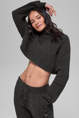 Cable Knit Cropped Winter Bliss Turtleneck Long Sleeve - Dark Heather Grey