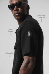 Sports Club Sweater Knit Short Sleeve Button Up - Black