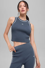 Ribbed Sweater Knit Highline Cropped Tank - Bluestone/White