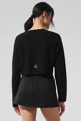 Cashmere Plush Waffle Cardigan - Black