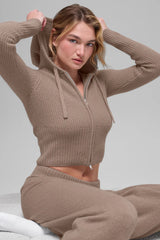 Wool Cashmere Ribbed Noble Full Zip Hoodie - Chai Latte