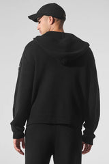 Domain Rib Knit Full Zip Sweater - Black