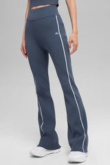 Ribbed Sweater Knit Highline Flare Pant - Bluestone/White