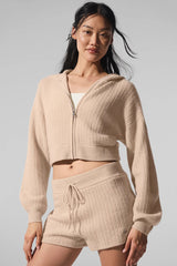 Cashmere Plush Waffle Full Zip Hoodie - Macadamia Blush