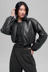 Faux Leather Cropped Premier Bomber - Black