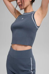Ribbed Sweater Knit Highline Cropped Tank - Bluestone/White