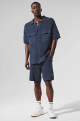 Sports Club Sweater Knit Short Sleeve Button Up - Navy