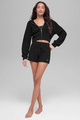 Cashmere Plush Waffle Full Zip Hoodie - Black