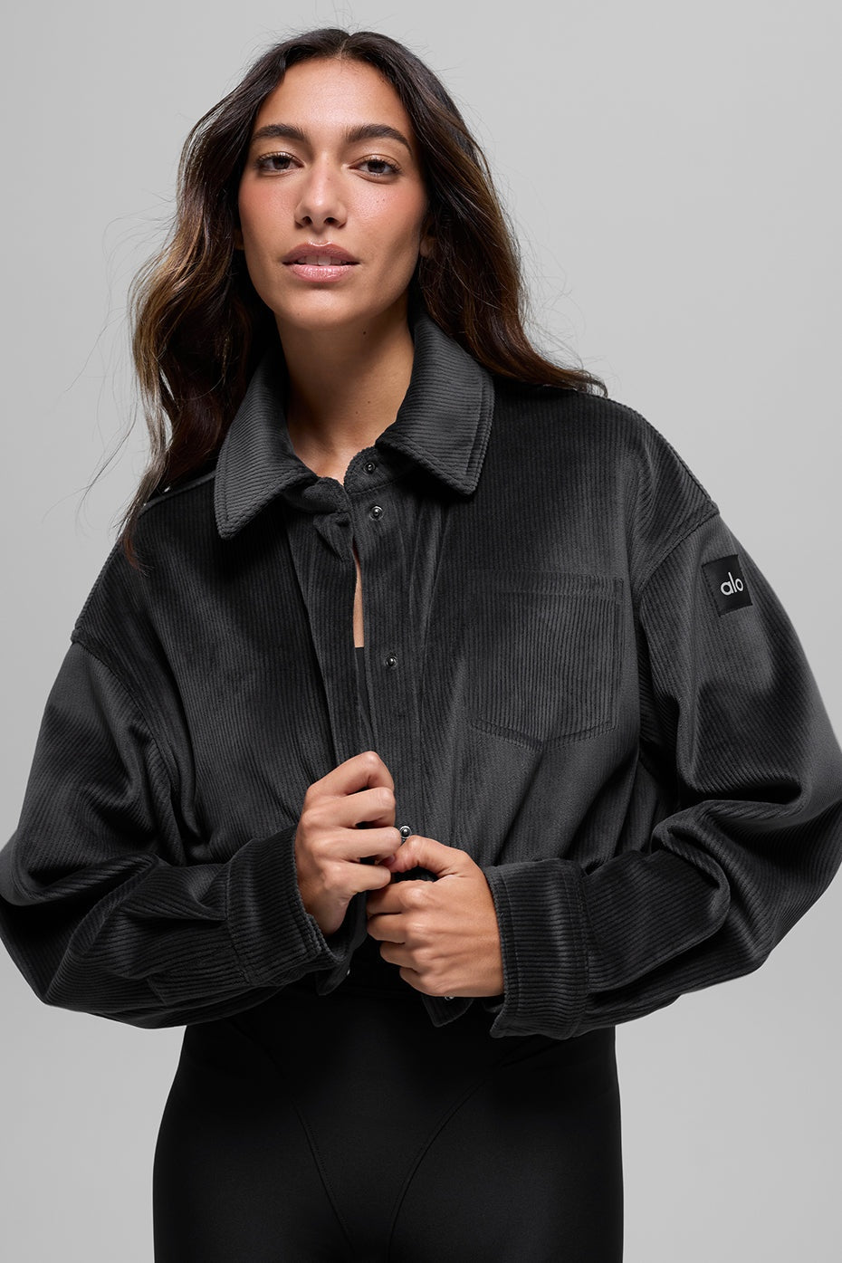 Ribbed Velour Cropped Mountain Side Jacket - Black