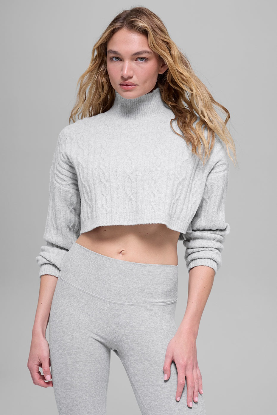 Cable Knit Cropped Winter Bliss Turtleneck Long Sleeve - Athletic Heather Grey