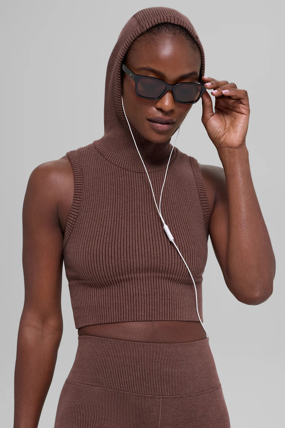 Seamless Two Tone Rib Hooded Vest - Brownstone Heather