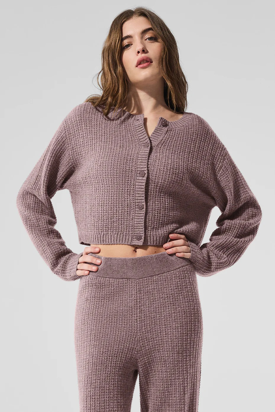 Cashmere Plush Waffle Cardigan - Mushroom Heather