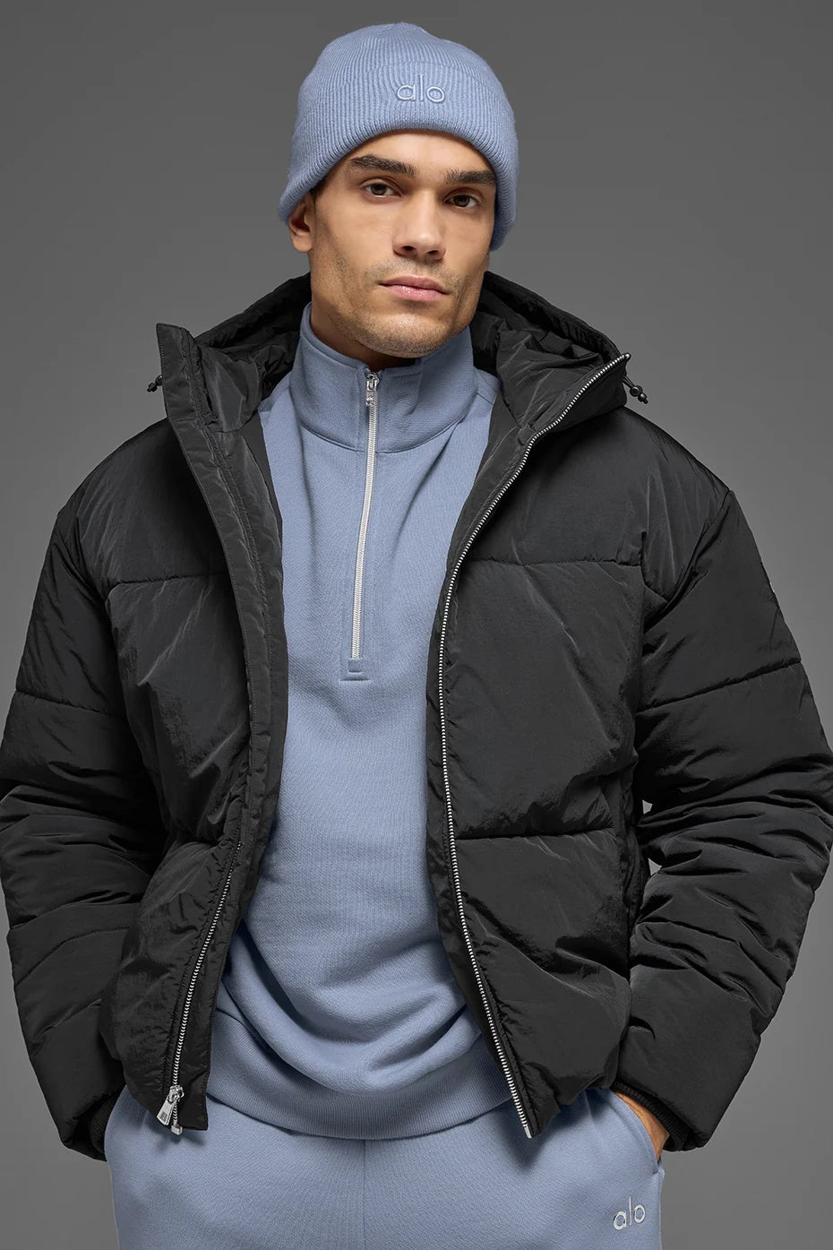 Crinkle Nylon Hooded Stage Puffer - Black