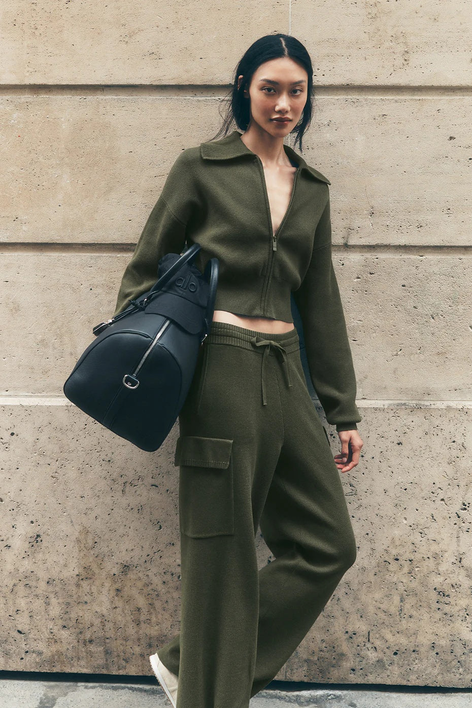 Scholar Knit High-Waist Cargo Pant - Green Olive