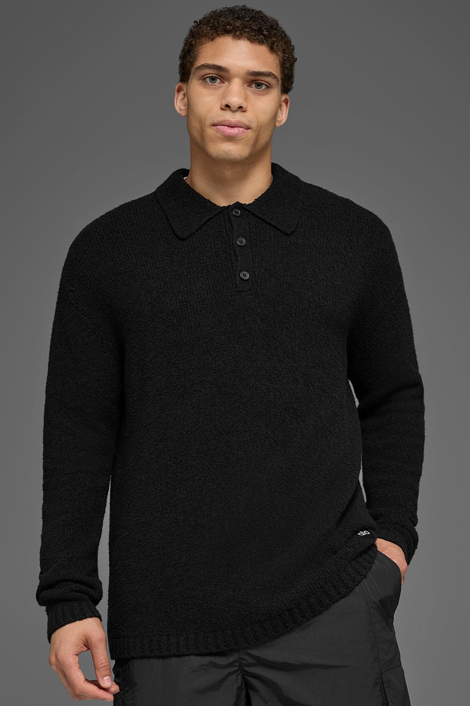 Textured Knit Long Sleeve Polo - Black