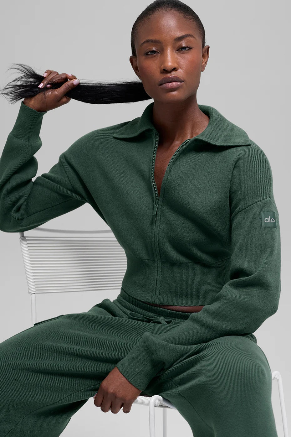 Scholar Knit Cropped Full Zip Jacket - Clover Green