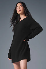 Cashmere Plush Waffle Dress - Black
