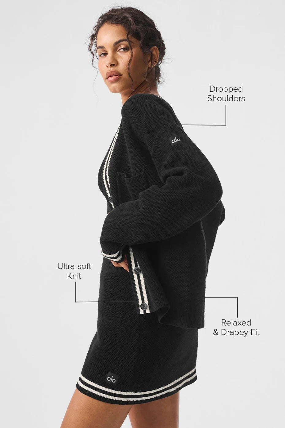 Tennis Club Sweater Knit Cardigan - Black/Ivory