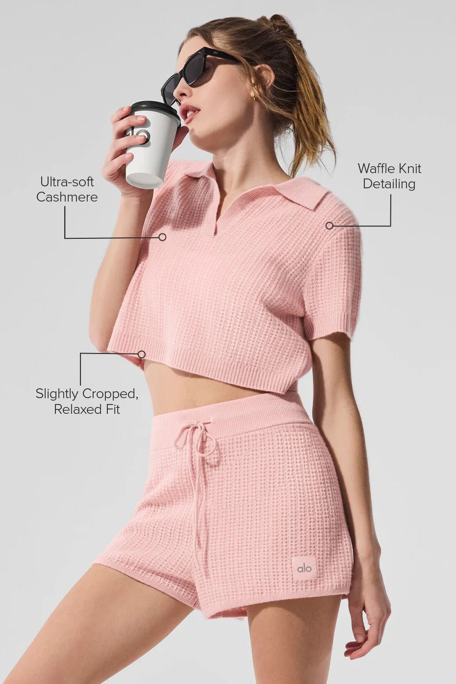 Cashmere Plush Waffle Polo Tee - Pink Quartz