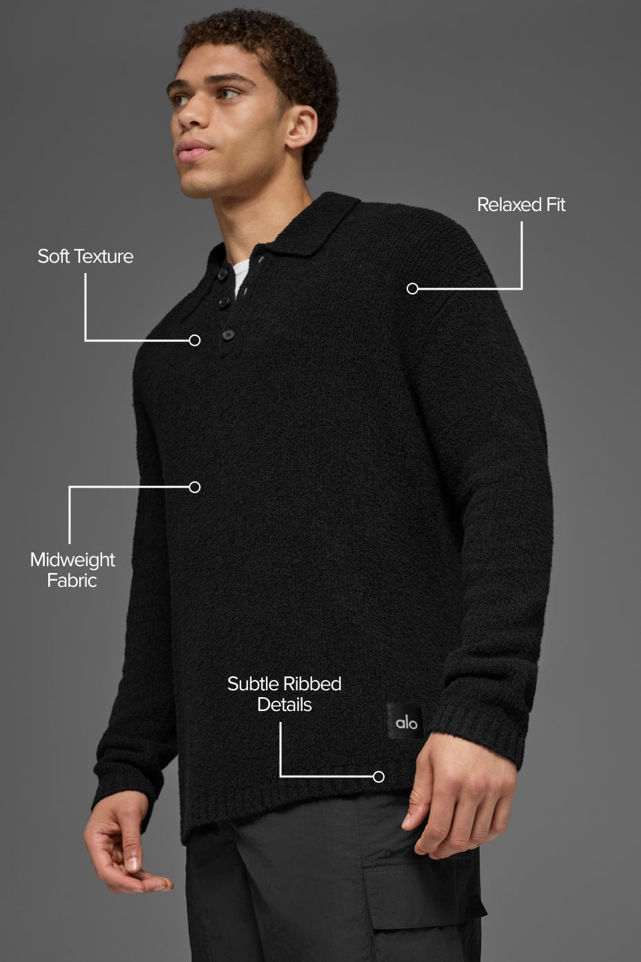 Textured Knit Long Sleeve Polo - Black