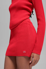 Denim Knit High-Waist Skirt - Bright Red