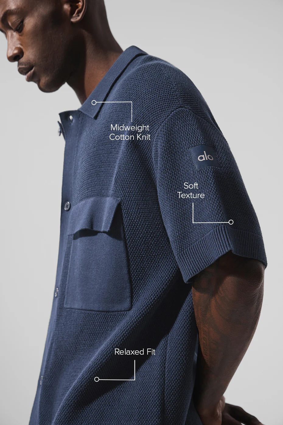 Sports Club Sweater Knit Short Sleeve Button Up - Navy