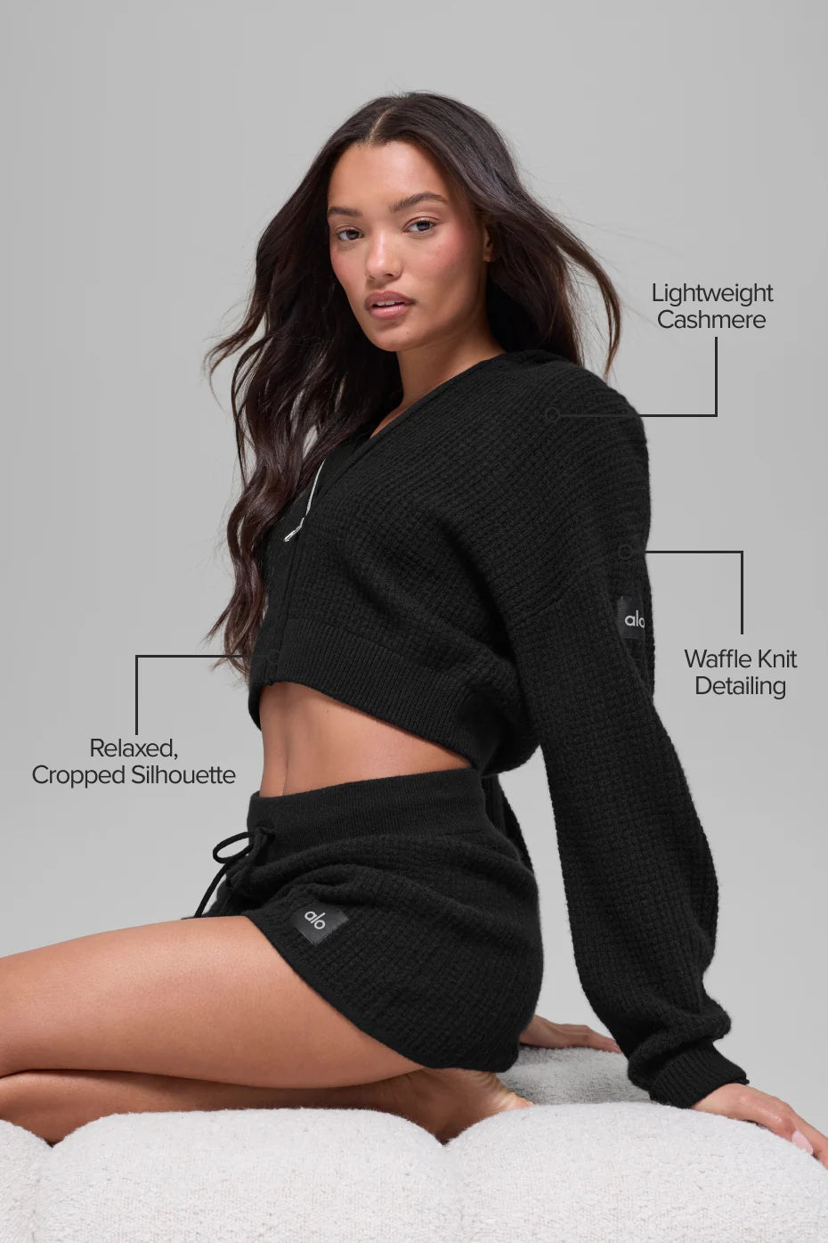 Cashmere Plush Waffle Full Zip Hoodie - Black