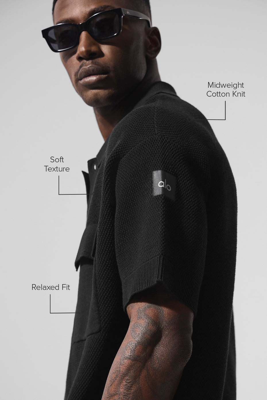 Sports Club Sweater Knit Short Sleeve Button Up - Black