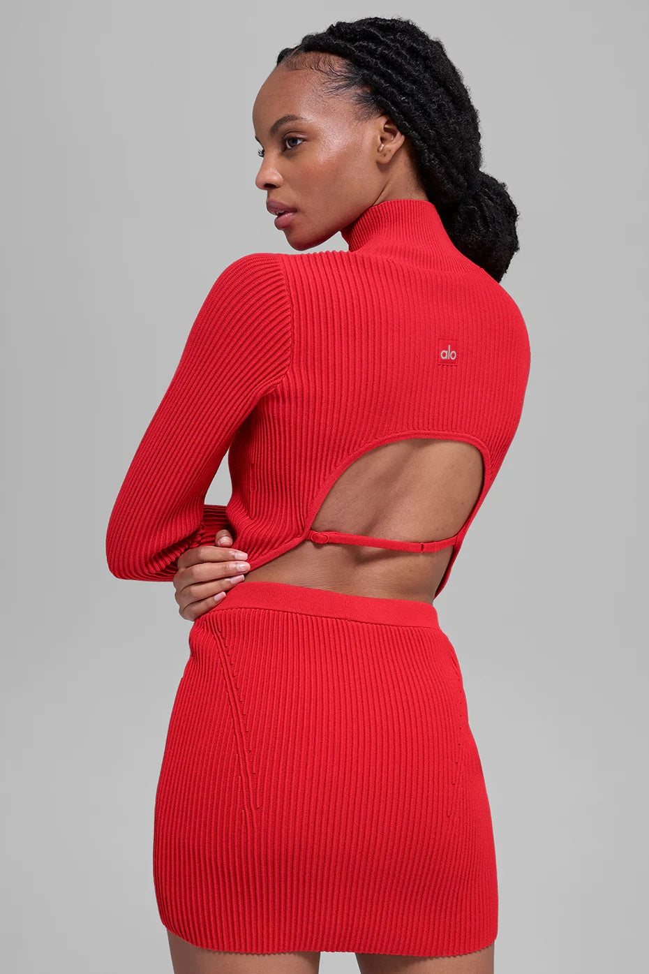 Denim Knit Backless Long Sleeve - Bright Red