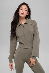 Scholar Knit Cropped Full Zip Jacket - Light Cocoa