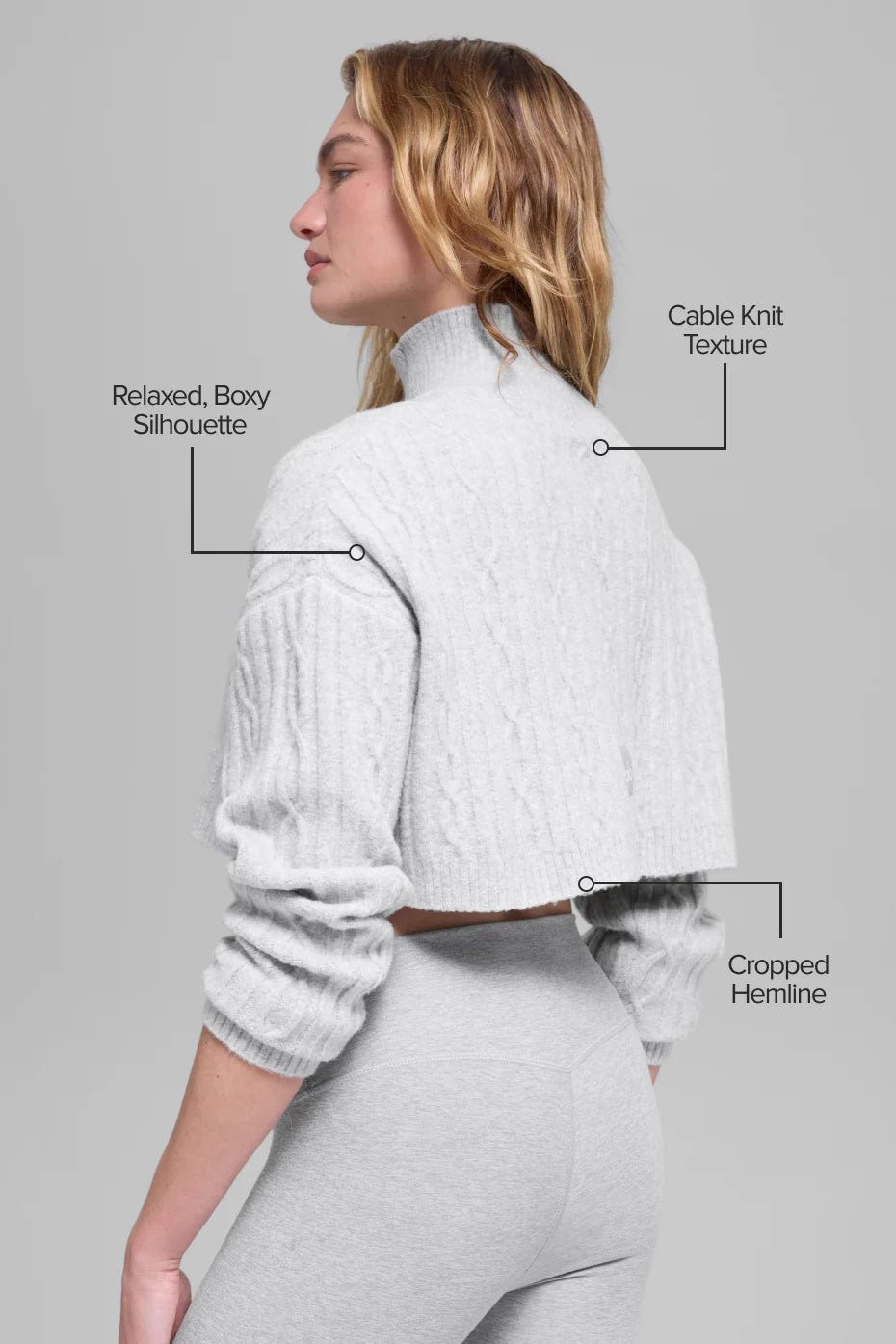 Cable Knit Cropped Winter Bliss Turtleneck Long Sleeve - Athletic Heather Grey