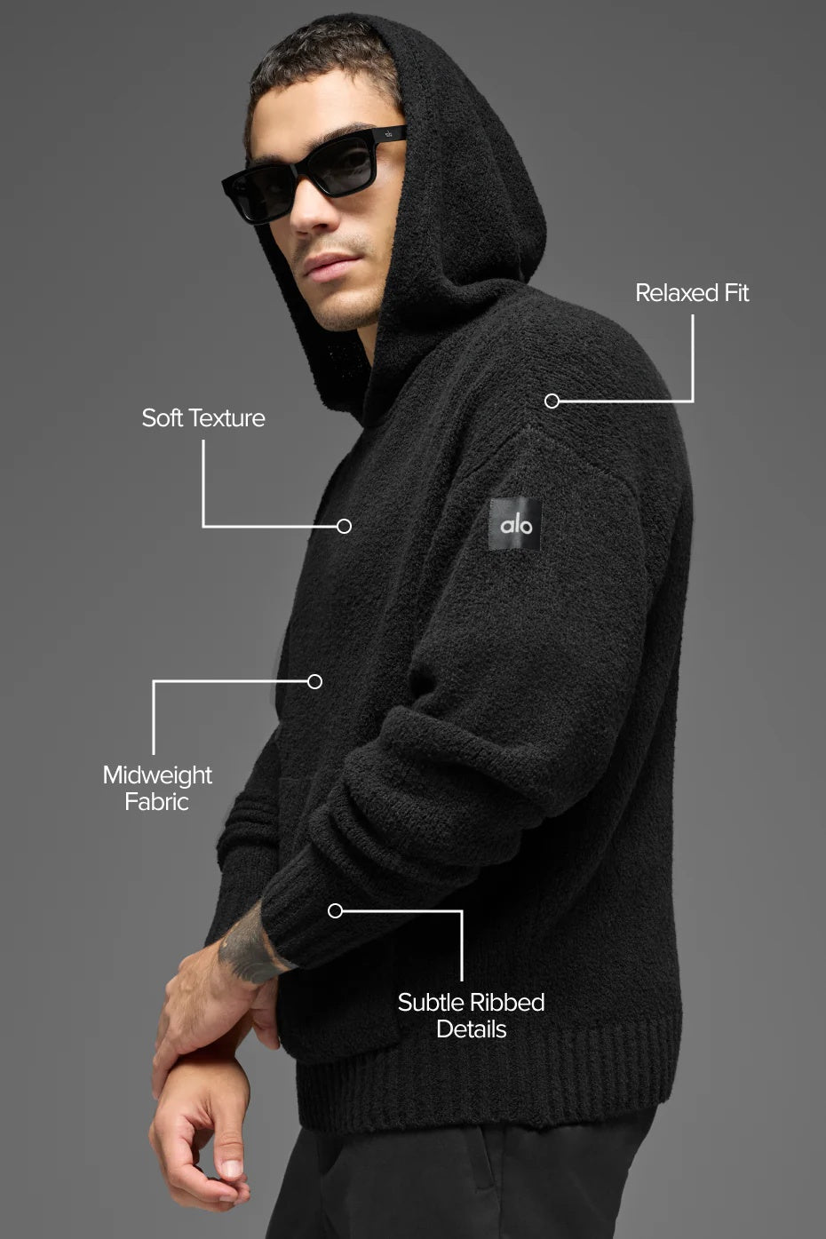 Textured Knit Hoodie - Black