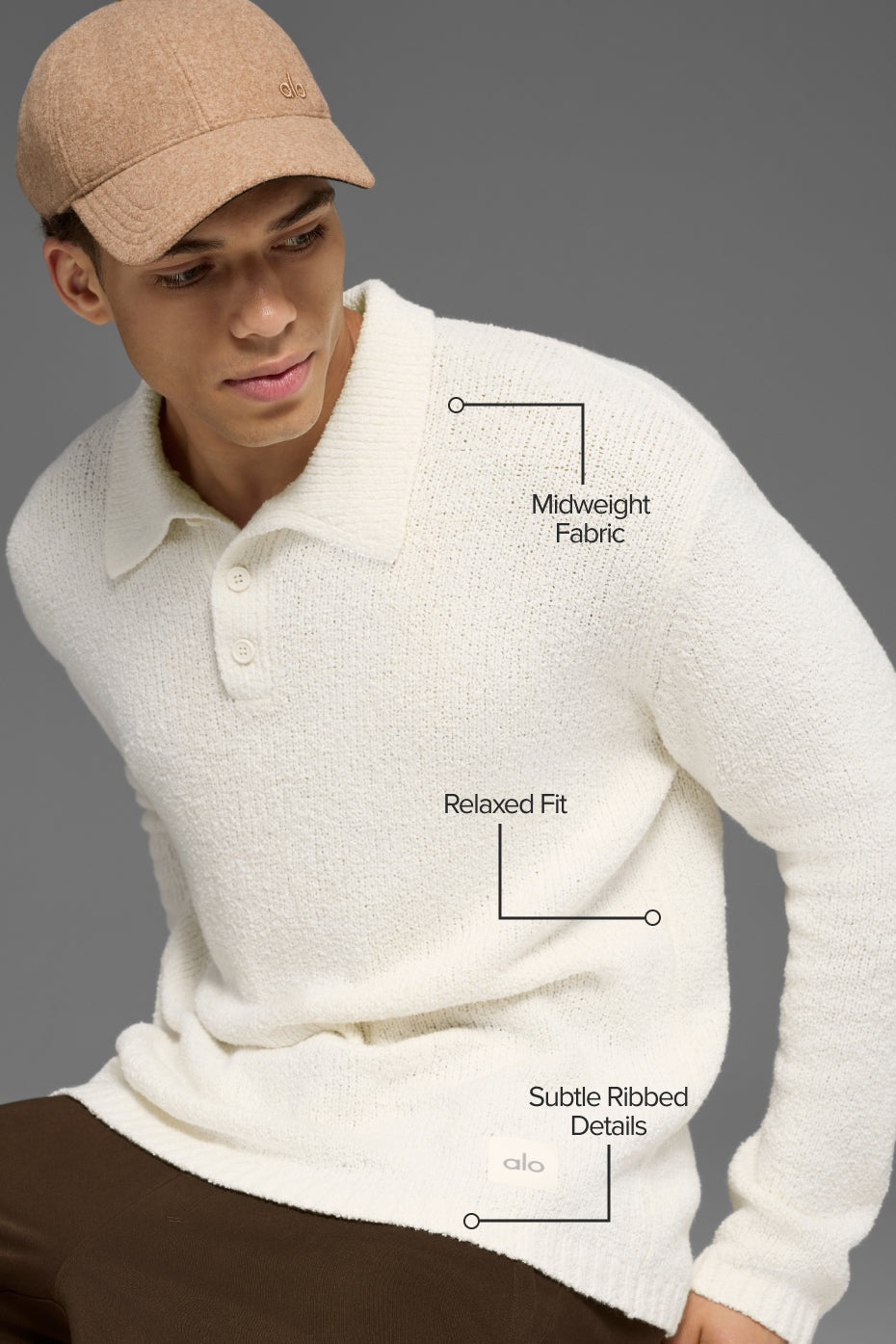 Textured Knit Long Sleeve Polo - Ivory