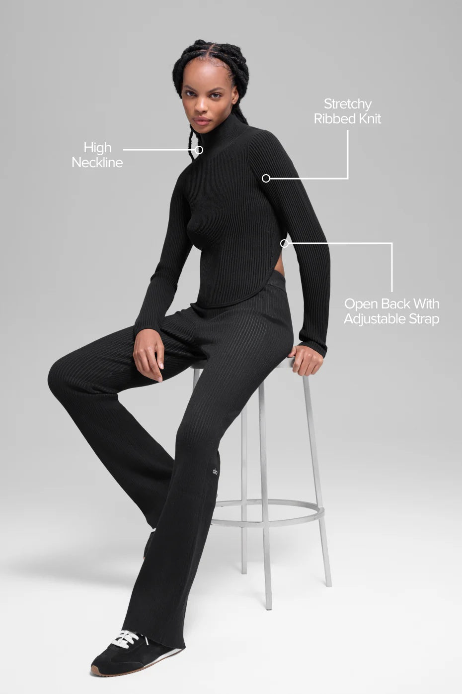 Denim Knit Backless Long Sleeve - Black/Anthracite