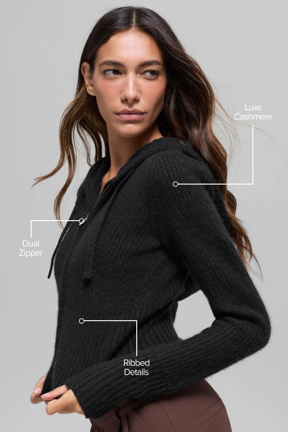 Wool Cashmere Ribbed Noble Full Zip Hoodie - Black