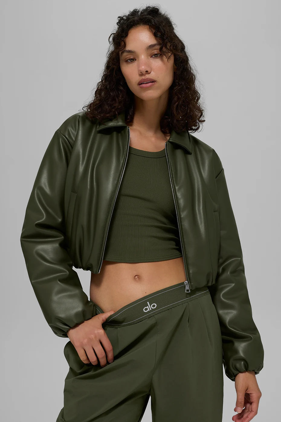 Faux Leather Cropped Premier Bomber - Green Olive