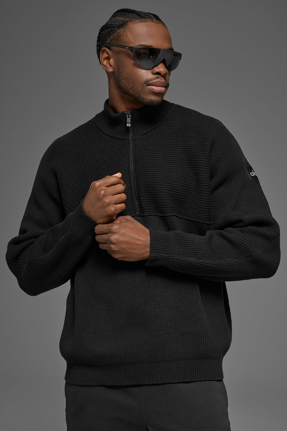 Domain Shift Rib Knit 1/4 Zip Sweater - Black