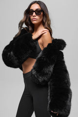 Opulent Faux Fur Cropped Jacket - Black
