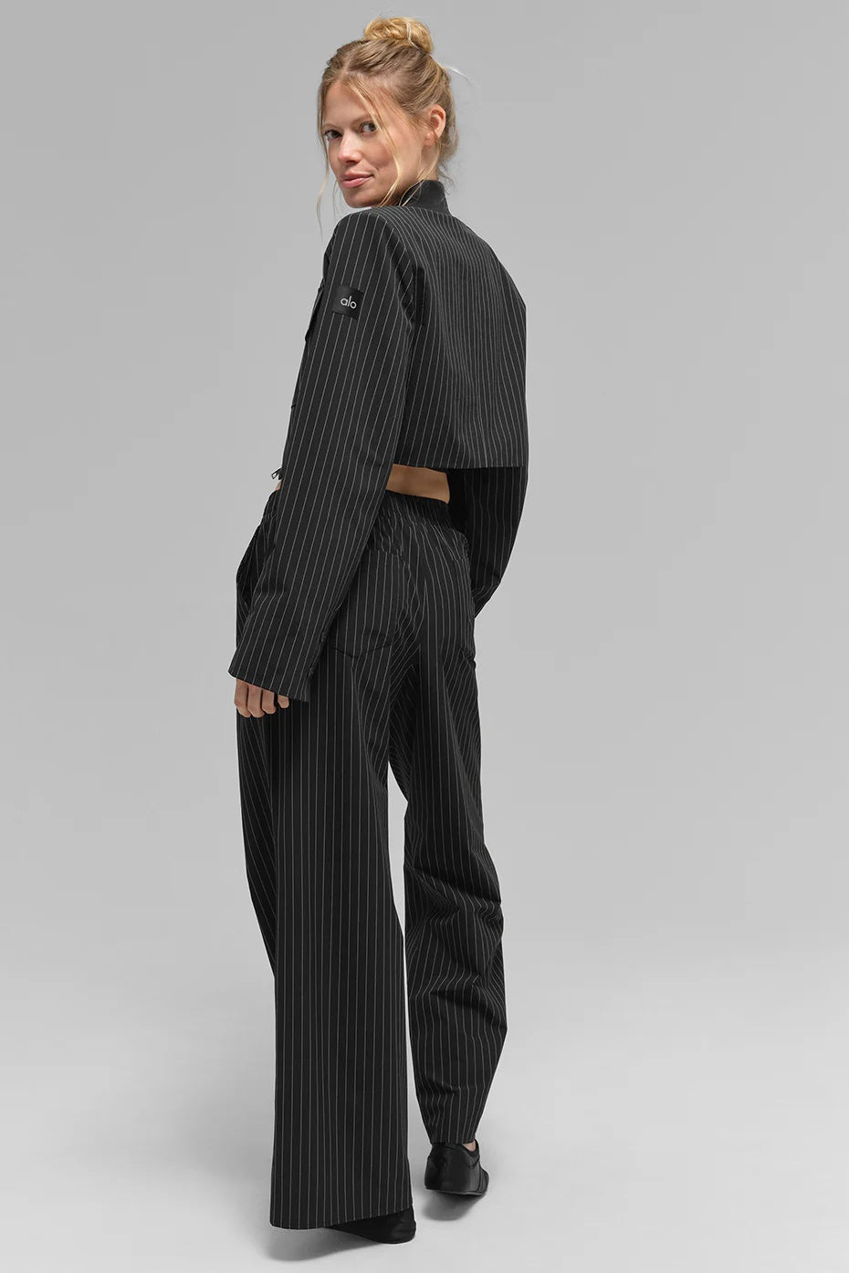 Cropped Pinstripe Main Character Full Zip Jacket - Black/Titanium