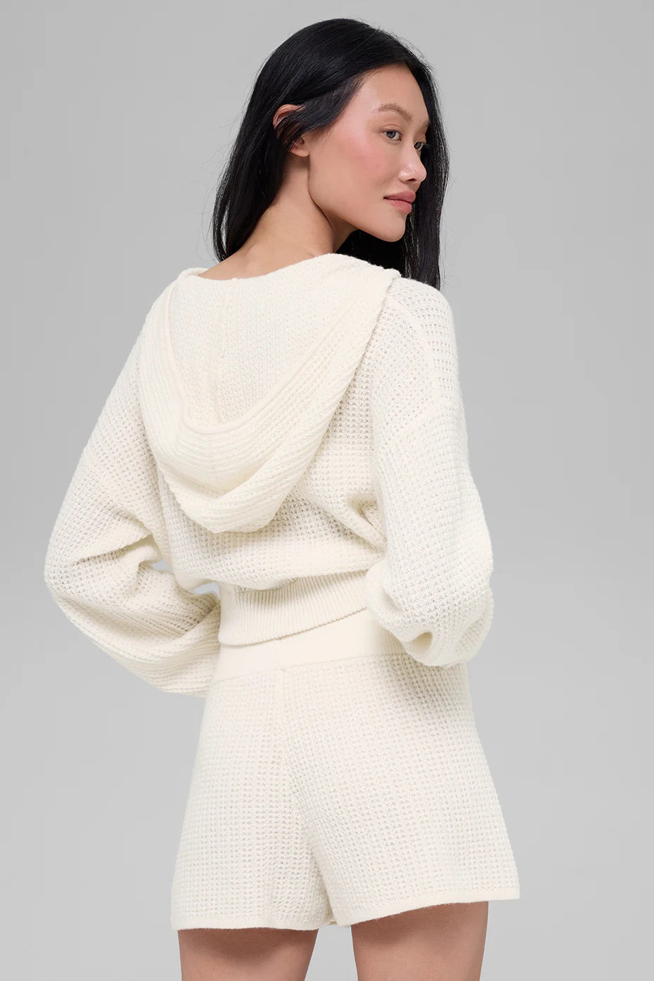 Cashmere Plush Waffle Full Zip Hoodie - Ivory