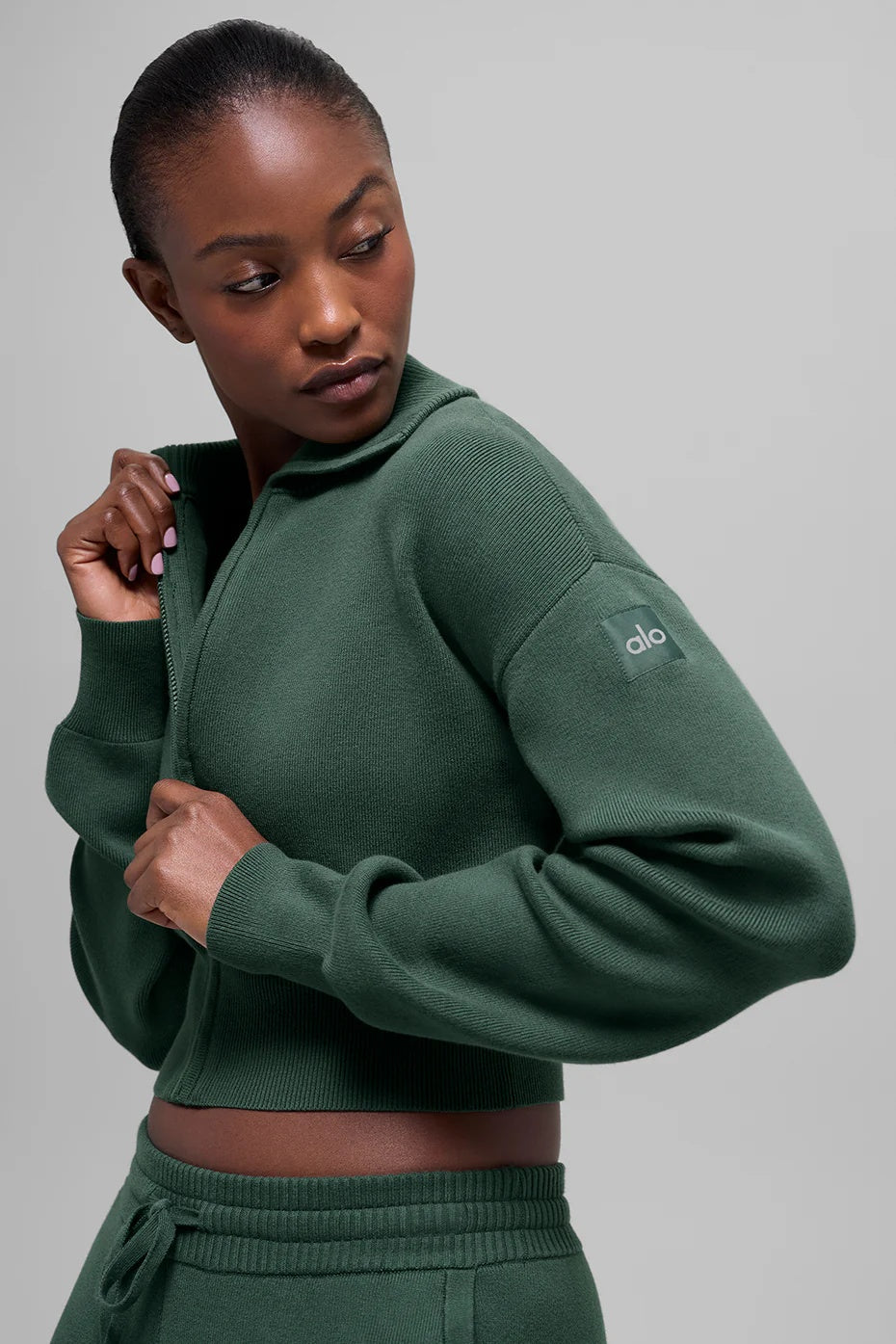 Scholar Knit Cropped Full Zip Jacket - Clover Green